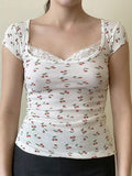 Cap Sleeve Square-Neck Lace Panel Cherry Print Top