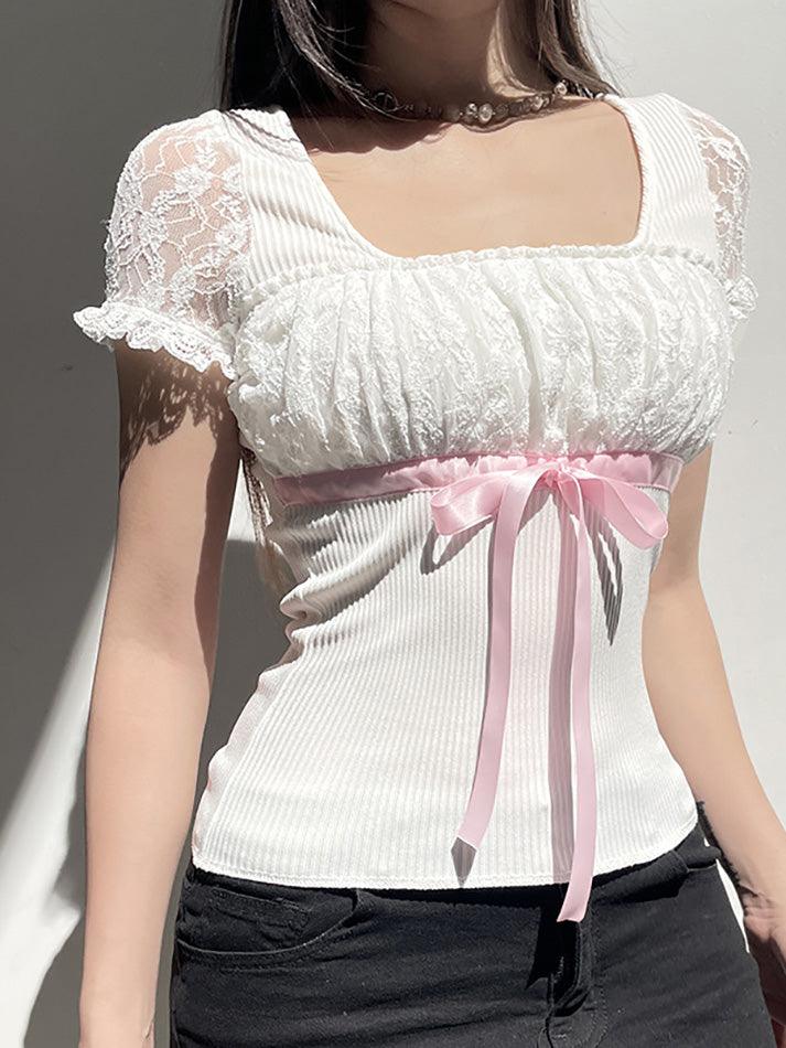 Bow Lace Patchwork Bubble Sleeve Top