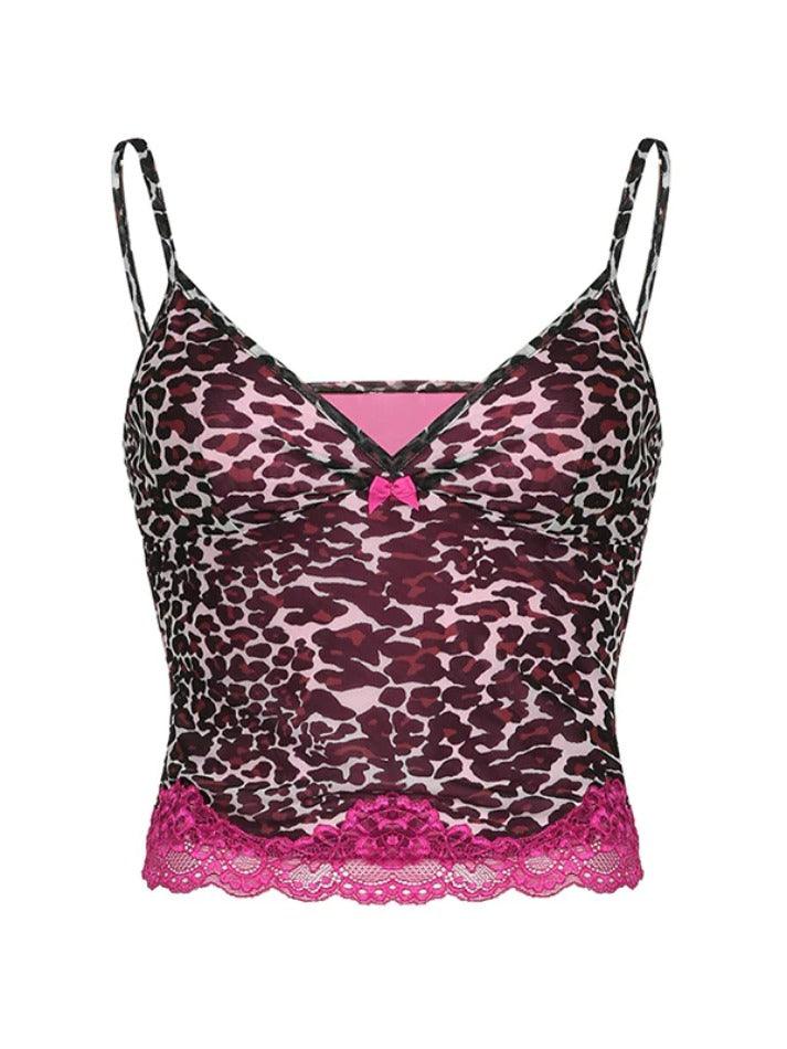 Personalized leopard print lace stitching Cami Top