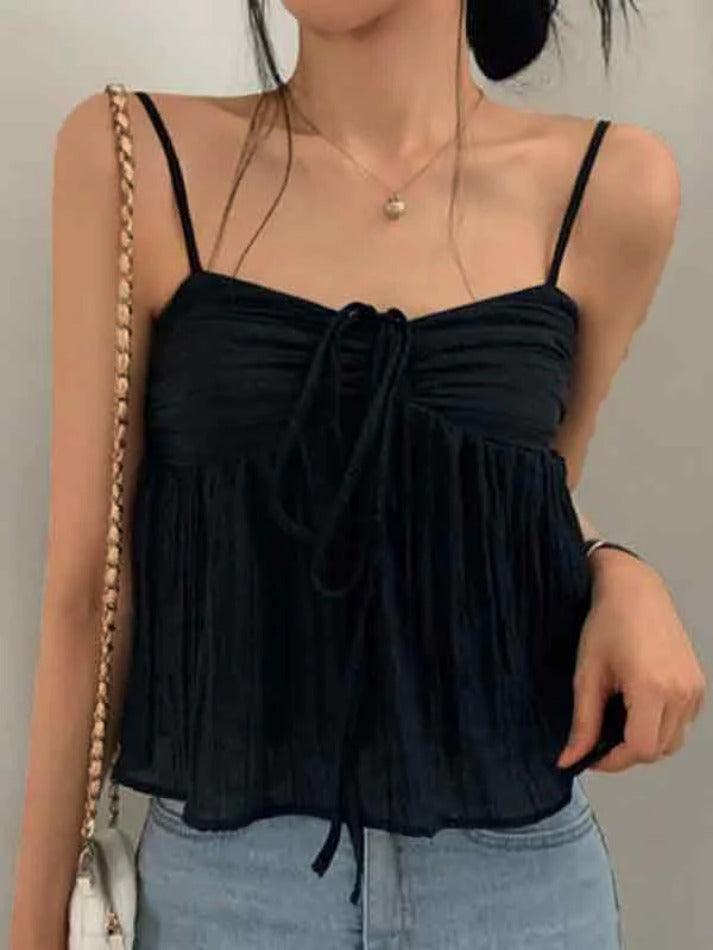 Solid Color Pleated Lace Up Cami Top