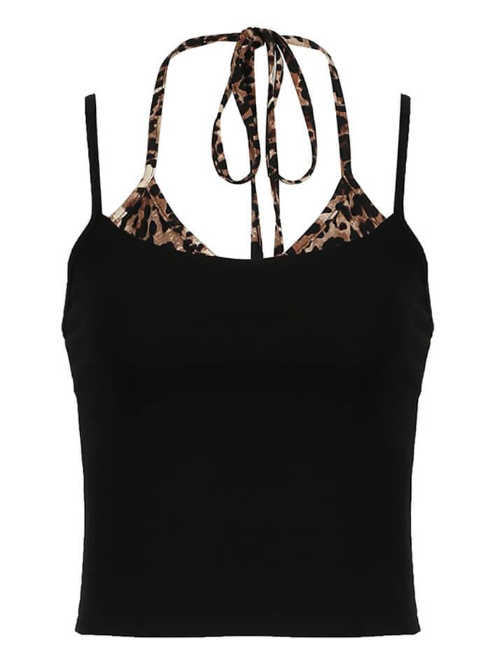 Leopard Print Splicing Fake Two Piece Halter Top