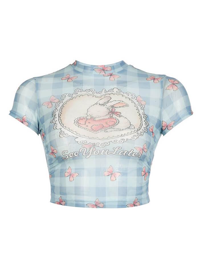 Rabbit & Lettering Print Mesh See-Through Crop Top