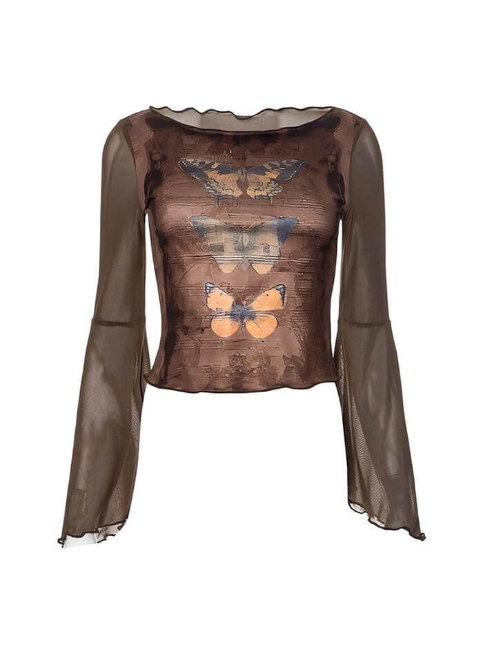 Butterfly Print Mesh Patchwork Flared Sleeve Top