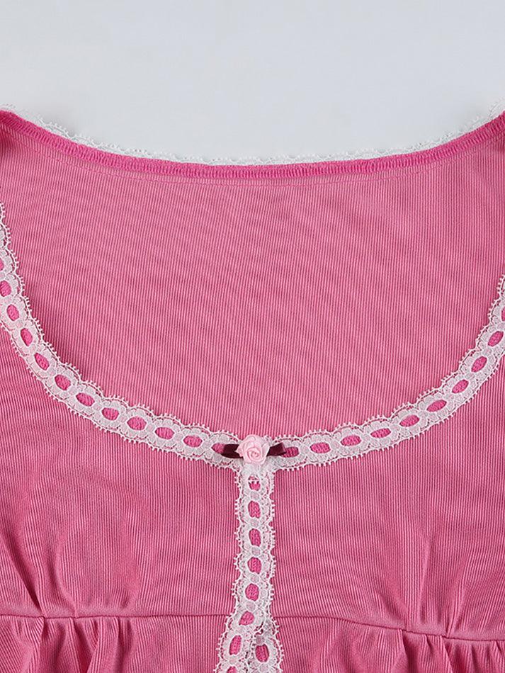 Pink Frill Cute Lace Long Sleeves Mini Top