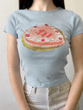 Short Sleeve Cake Print Slim-Fit Crop Top