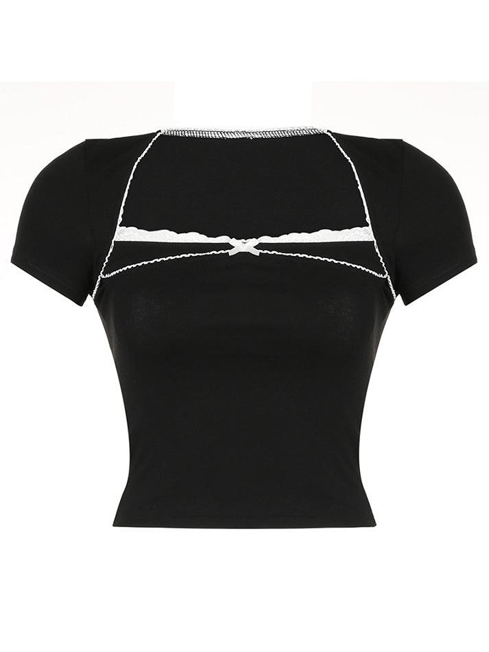 Y2K Gothic Lace Trim Bow Slim Top