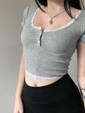 Lace Splicing Button Half Open Neck Crop Top