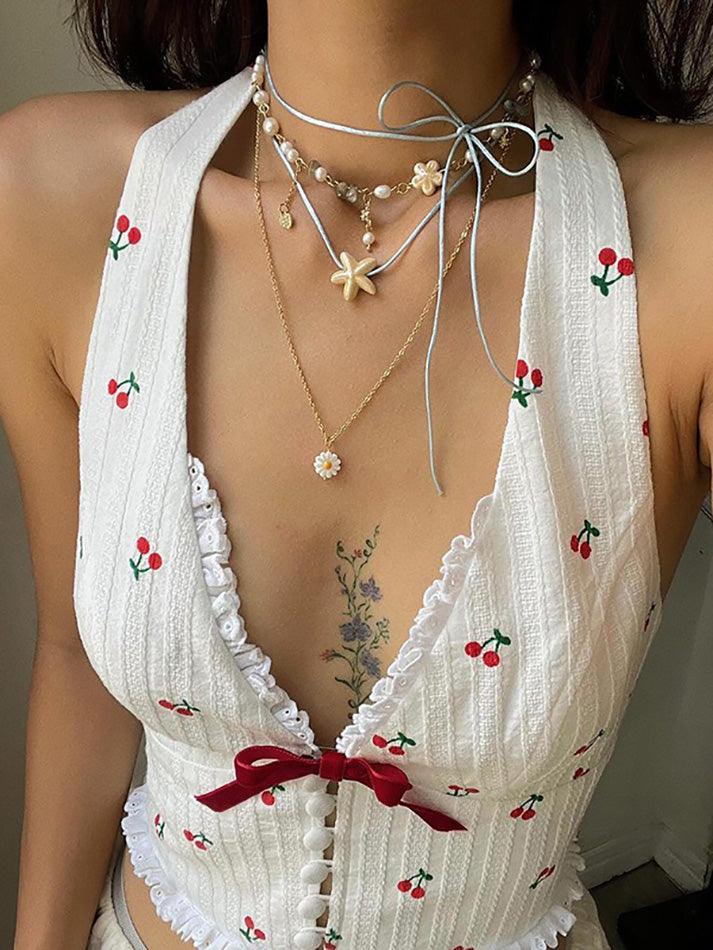 Ruffled Cherry Embroidery Halter Neck Top