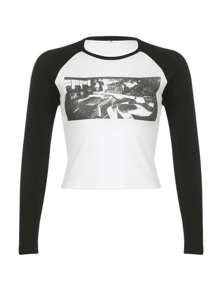 Figure Graphic Raglan Long Sleeve Crop Top