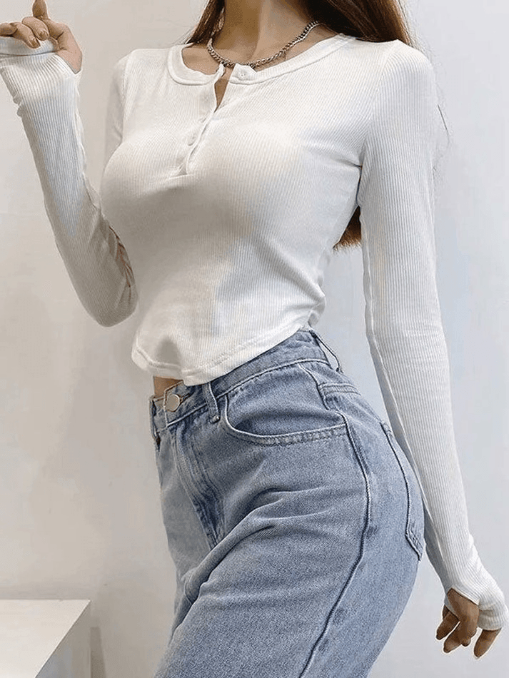 Irregular Long Sleeve Button Crop Top