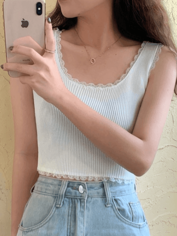 Lace Trim Crop Knit Tank Top