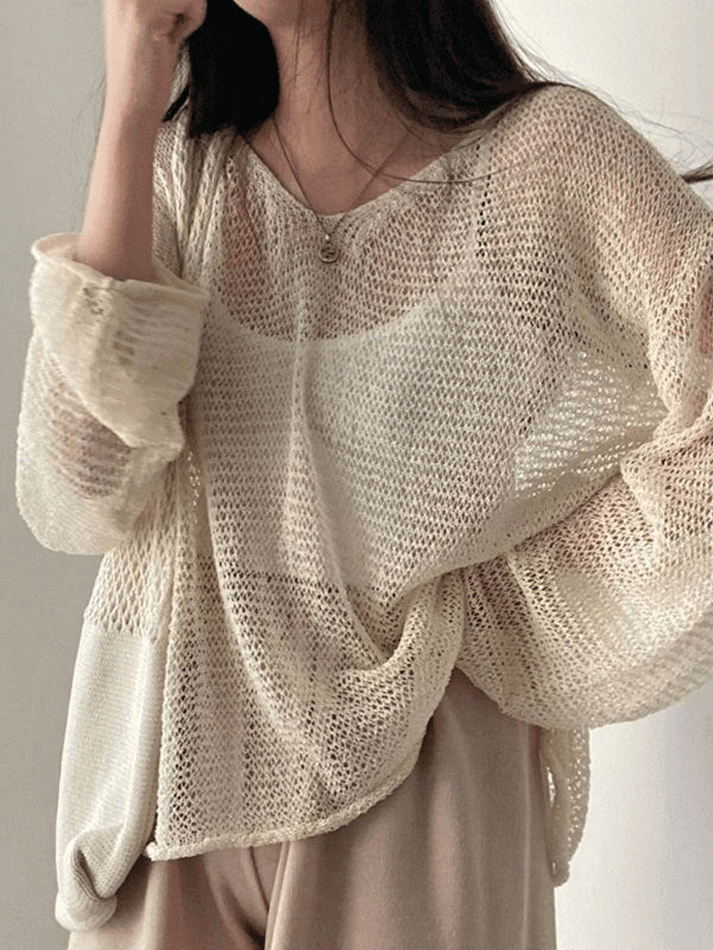 Oversized Long Sleeve Crochet Knit Top