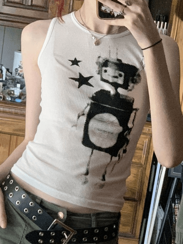 Pixel Robot Star White Cropped Tank Top