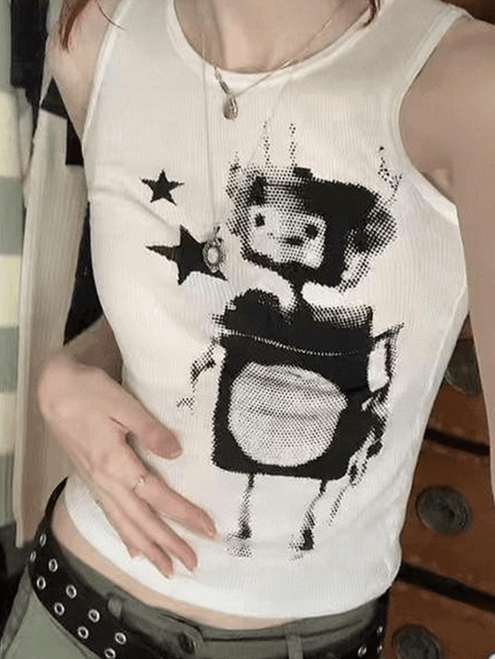 Pixel Robot Star White Cropped Tank Top