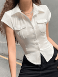 Pocket Button Down Cropped Blouse