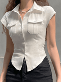 Pocket Button Down Cropped Blouse