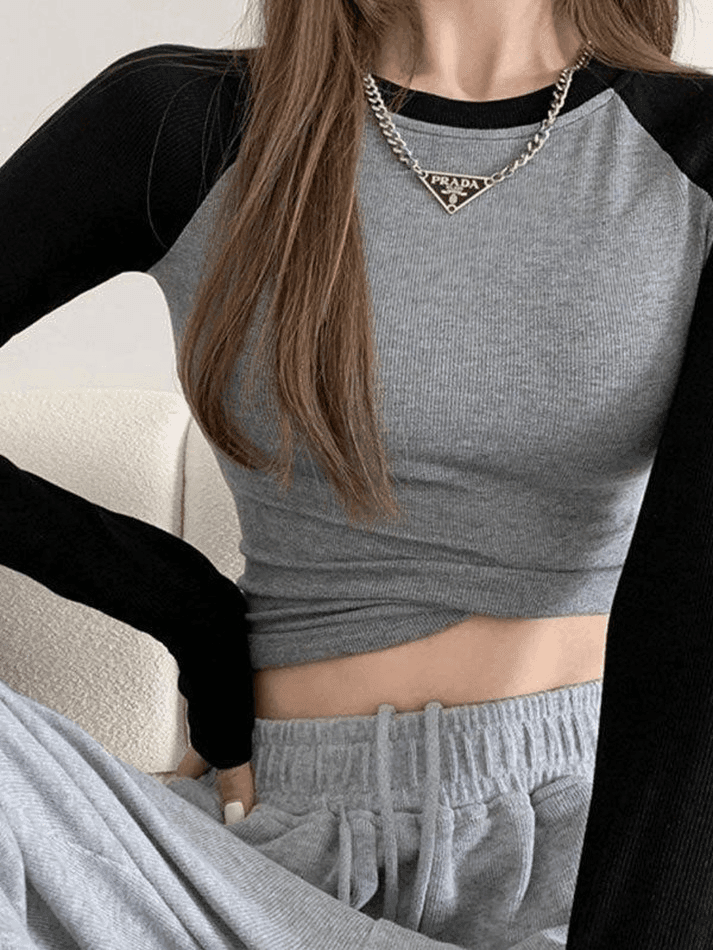 Raglan Sleeve Rib Crop Top