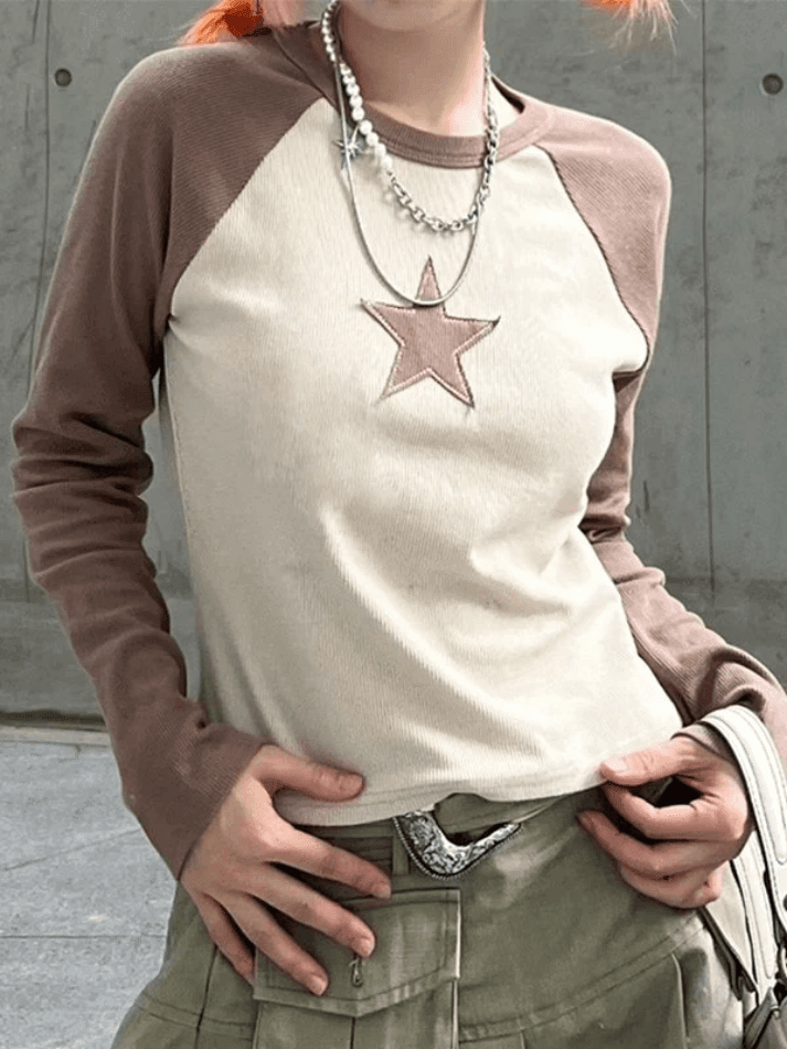 Raglan Sleeve Star Patch Knit Crop Top