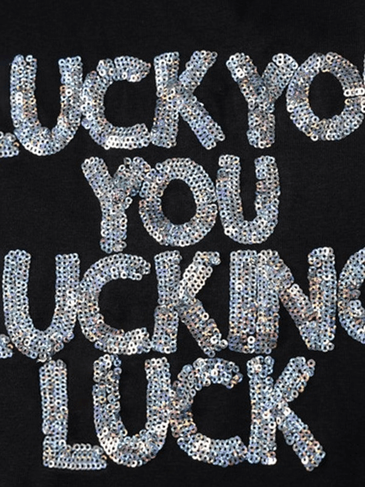 Sequined Letter Black Crop Top