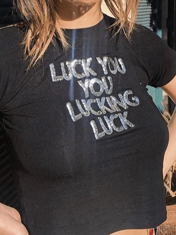 Sequined Letter Black Crop Top