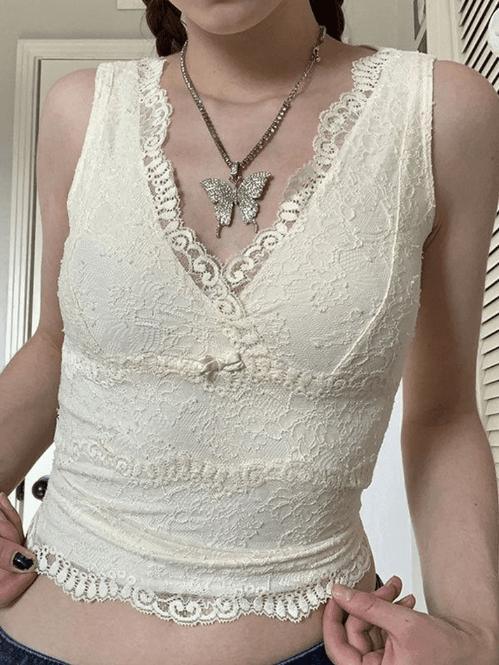 V Neck Lace Crop Tank Top