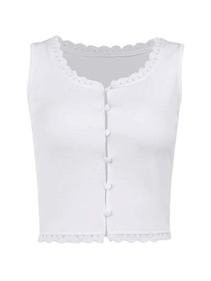 White Lace Trim Button Front Tank Top