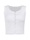 White Lace Trim Button Front Tank Top