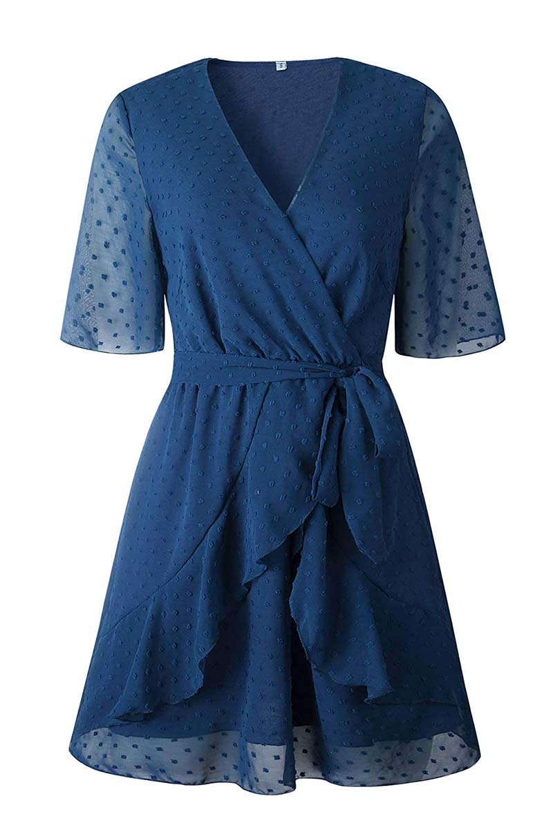 Oklulu Swiss Dot V-Neck Dress With Belt(3 Colors)