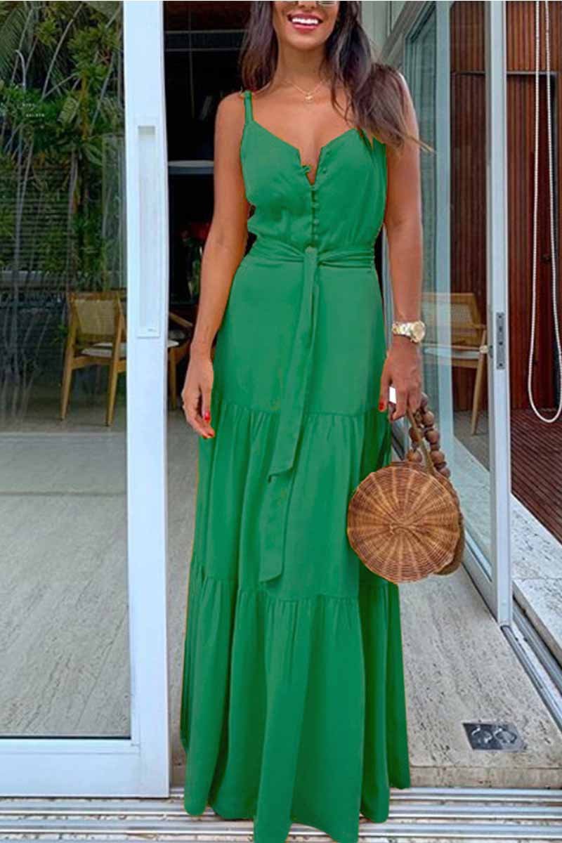 Oklulu Button V-Neck Maxi Dress With Belt(3 Colors)