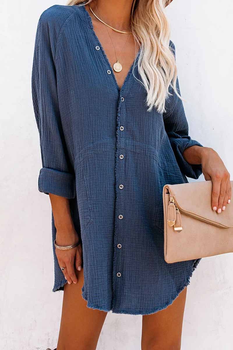 Oklulu Seersucker Fringed Long Sleeves Mini Dresses