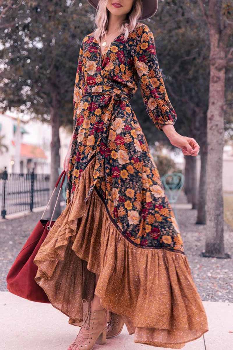 Oklulu Long Sleeve Print Retro Long Maxi Dress