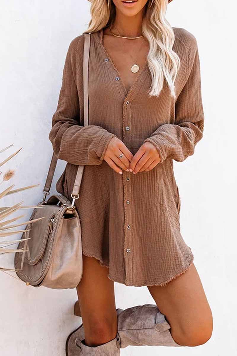 Oklulu Seersucker Fringed Long Sleeves Mini Dresses