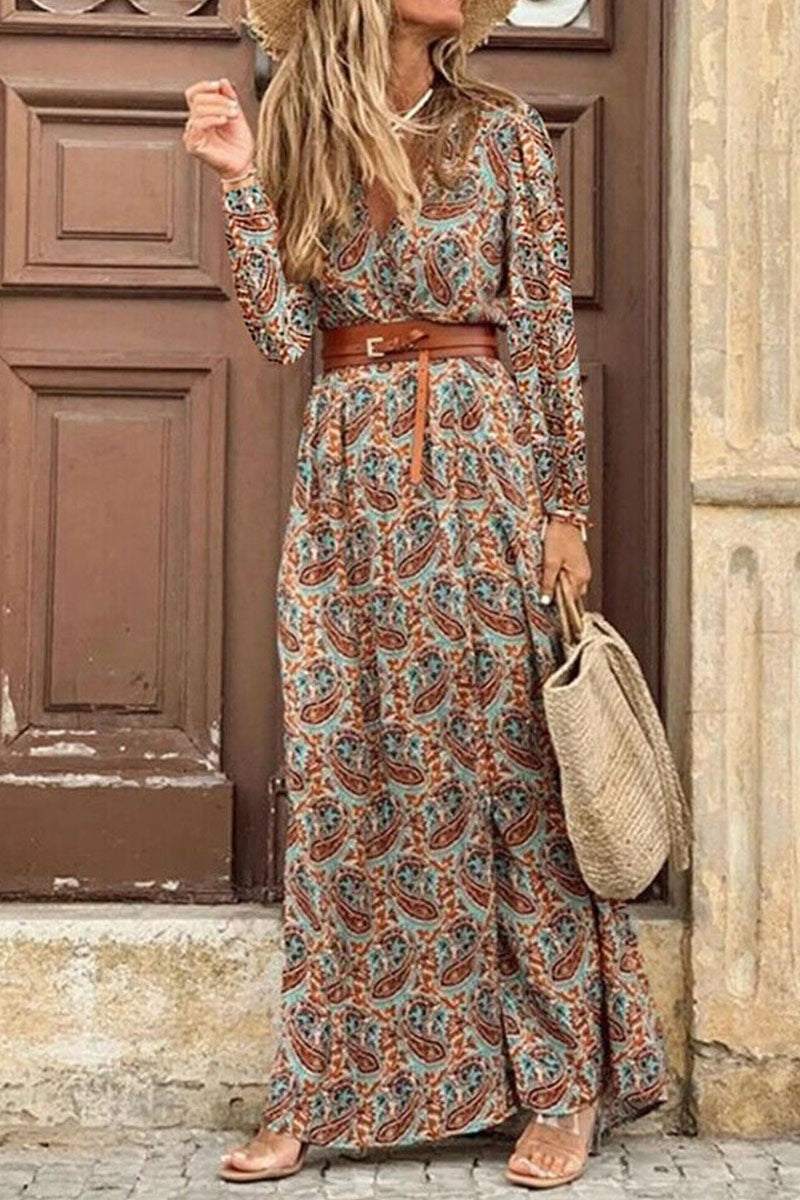 Fashion Bohemian Print With Belt V Neck Cake Skirt Dresses(3 Colors)