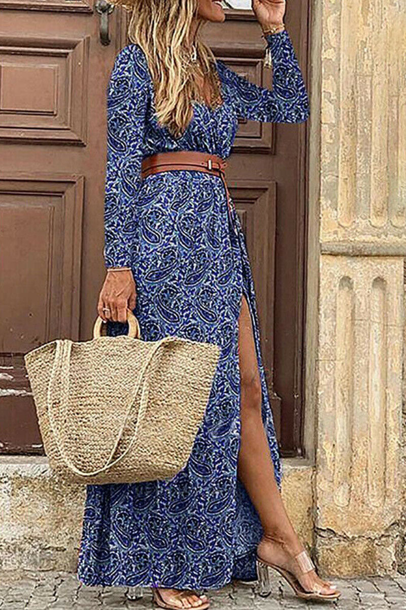 Fashion Bohemian Print With Belt V Neck Cake Skirt Dresses(3 Colors)