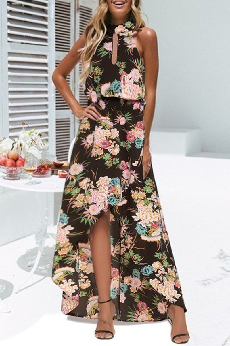 Fashion Elegant Floral Hollowed Out Frenulum Halter Irregular Dress Dresses