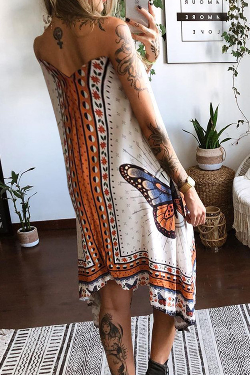 Casual Print Butterfly Backless V Neck Irregular Dresses