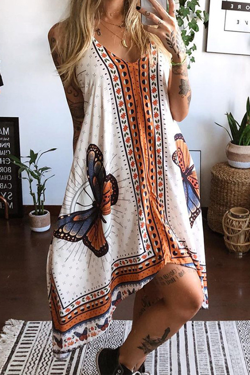 Casual Print Butterfly Backless V Neck Irregular Dresses