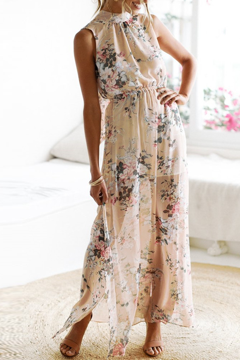 Casual Print Backless Mesh Halter Dresses