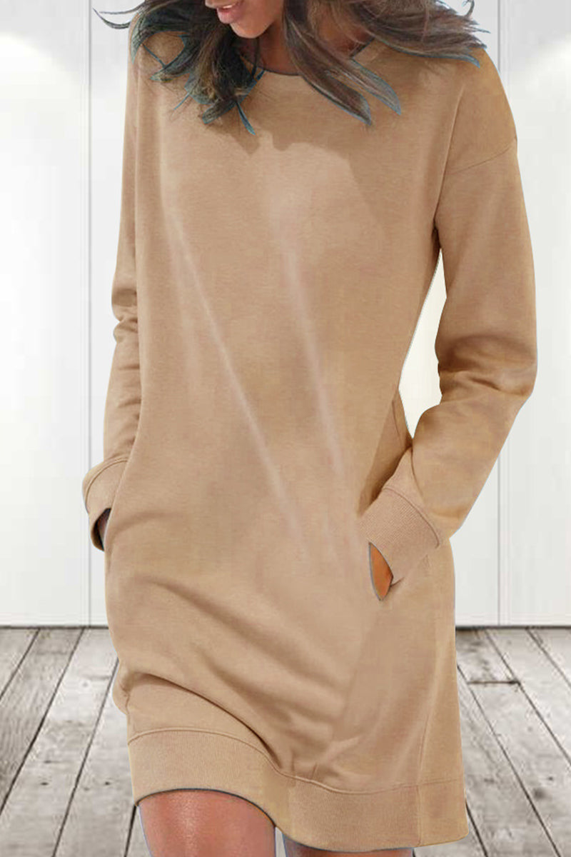 Casual Solid Solid Color O Neck Long Sleeve Dresses(6 Colors)