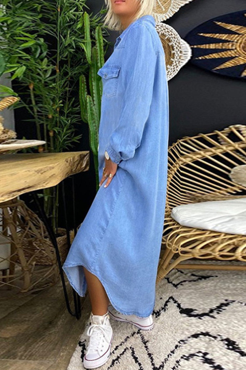 Casual Street Solid Patchwork Shirt Collar Long Sleeve Loose Denim Dresses(3 Colors)