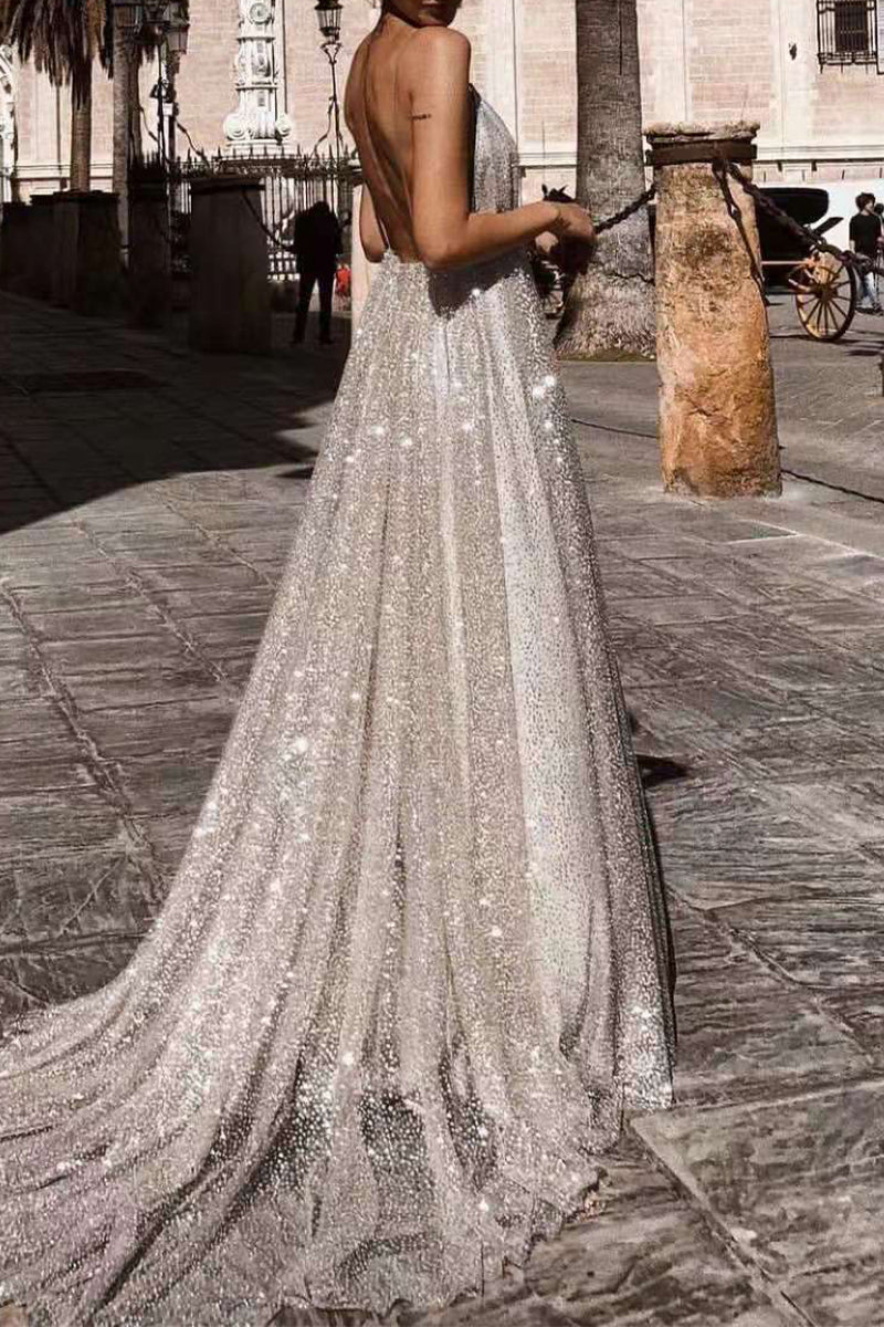 Sexy Formal Solid Sequined V Neck Sling Dress Dresses