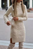 Elegant Solid Slit Weave Turtleneck Long Sleeve Dresses(5 Colors)