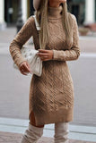 Elegant Solid Slit Weave Turtleneck Long Sleeve Dresses(5 Colors)