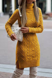 Elegant Solid Slit Weave Turtleneck Long Sleeve Dresses(5 Colors)