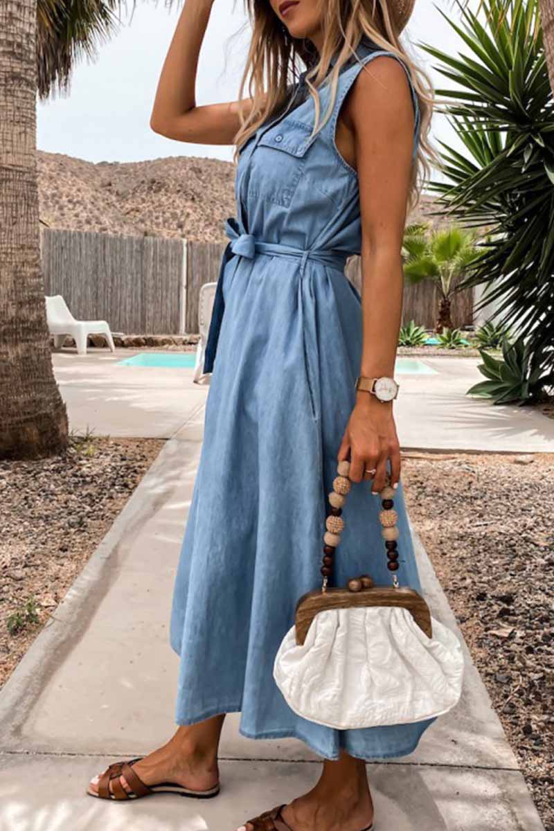 Oklulu Sleeveless Lace-Up Single-Breasted Denim Midi Dress