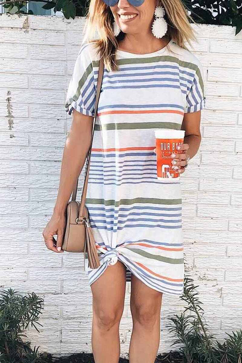 Oklulu Printed O-neck Striped Midi Dress