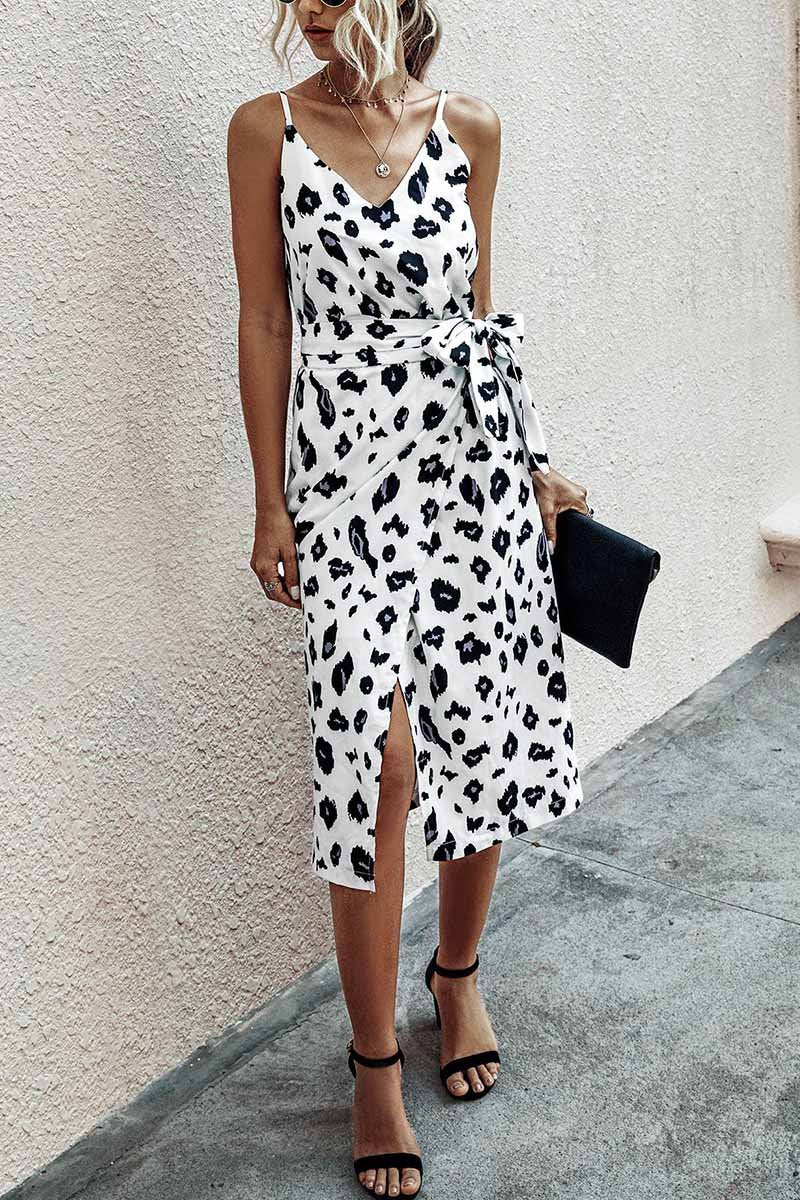 Oklulu V Neck Print Dress With Belts(4 Colors)