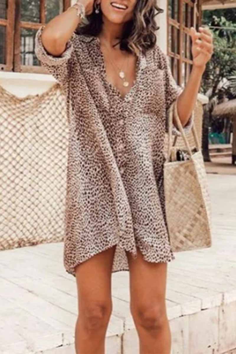 Oklulu Leopard Print Long Sleeve Shirt Mini Dress