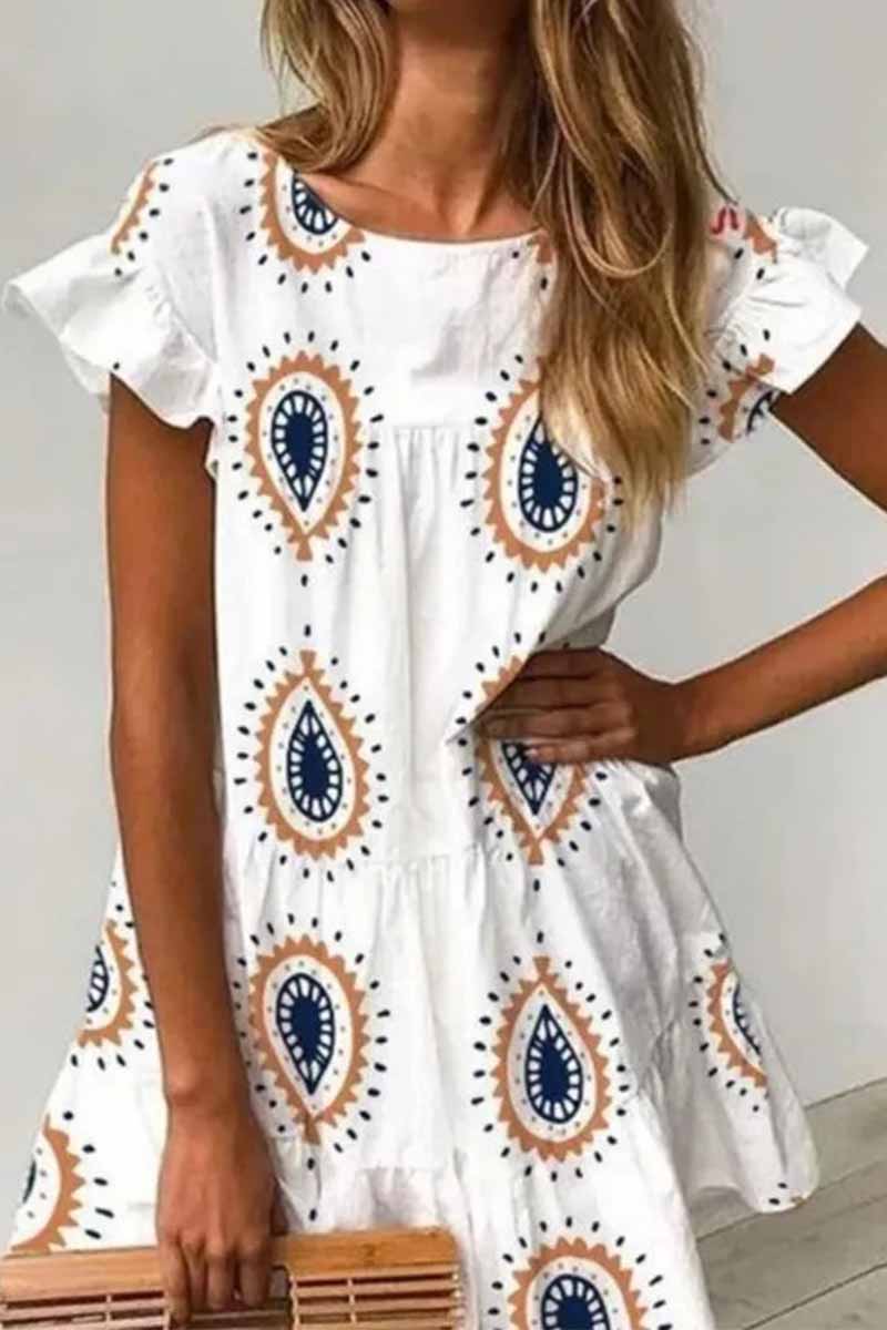 Oklulu Round Neck Print Water Drop Mini Dress