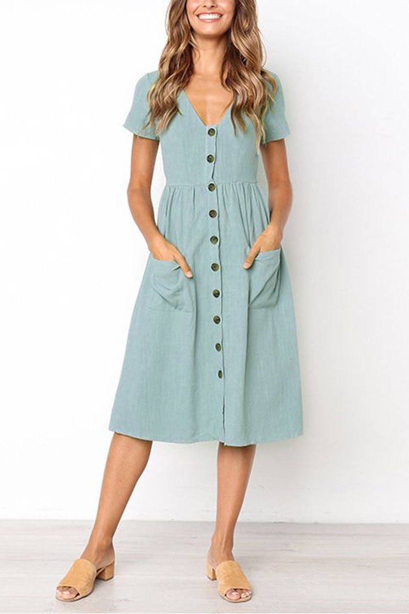 Oklulu V-neck Pocket Midi Dress(4 Colors)